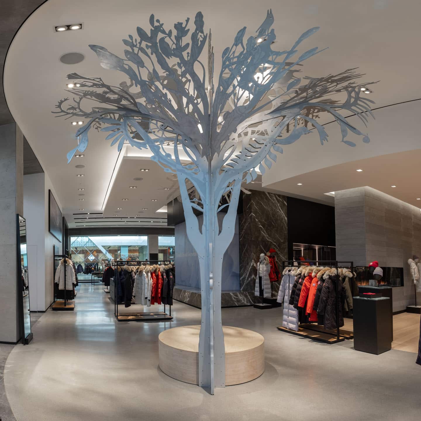 Alex Fischer & Qavavau Manumie, Story Tree, 2020, in situ Canada Goose, Yorkdale Mall, Toronto, Canada